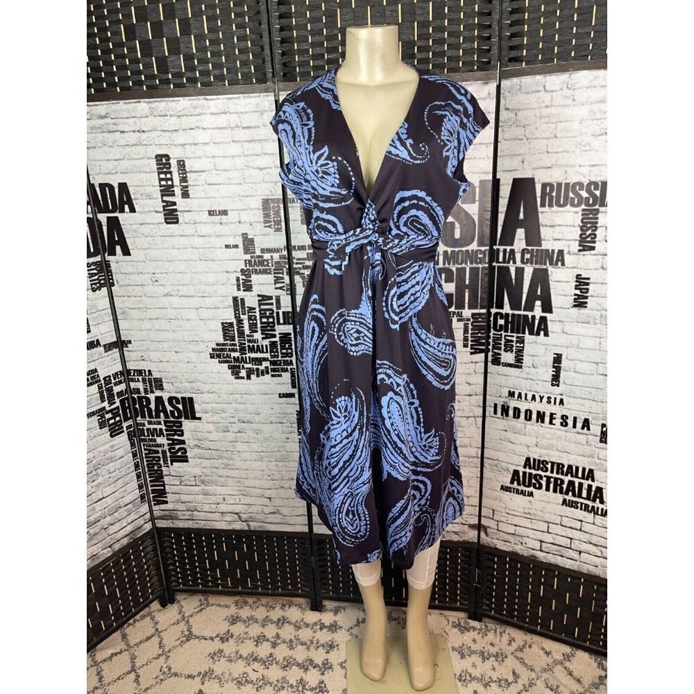 Sweet 10 Brown-Blue Print V-Neck Twisted Waist Cap Sleeve Below Knee Dress